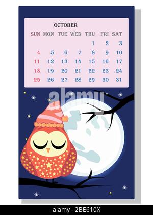 Kalender 2021. Niedlicher Kalender mit lustigen Cartoon-Eulen Stock Vektor