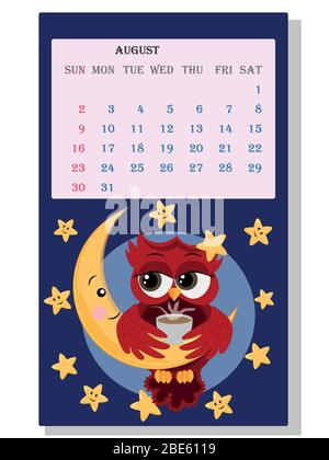 Kalender 2021. Niedlicher Kalender mit lustigen Cartoon-Eulen Stock Vektor