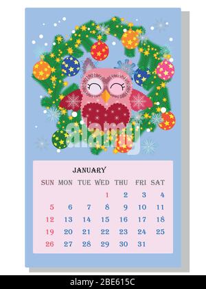 Kalender 2021. Niedlicher Kalender mit lustigen Cartoon-Eulen Stock Vektor