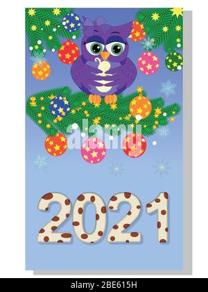 Kalender 2021. Niedlicher Kalender mit lustigen Cartoon-Eulen Stock Vektor