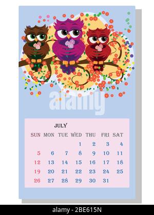 Kalender 2021. Niedlicher Kalender mit lustigen Cartoon-Eulen Stock Vektor