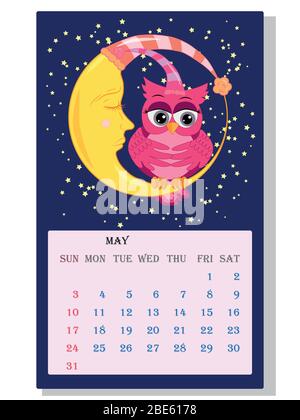 Kalender 2021. Niedlicher Kalender mit lustigen Cartoon-Eulen Stock Vektor