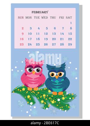 Kalender 2021. Niedlicher Kalender mit lustigen Cartoon-Eulen Stock Vektor