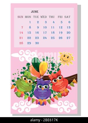 Kalender 2021. Niedlicher Kalender mit lustigen Cartoon-Eulen Stock Vektor