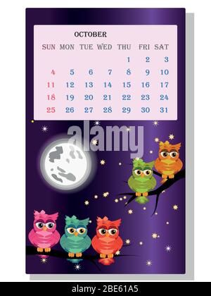 Kalender 2021. Niedlicher Kalender mit lustigen Cartoon-Eulen Stock Vektor