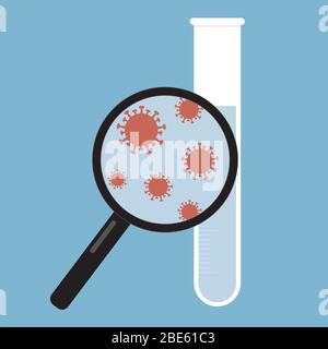 Einfache flache Design-Illustration von Lupe mit Bakterien und Reagenzgläsern im Labor. Suchen Sie nach Covid-19 oder Coronavirus Krankheit. Isoliert o Stock Vektor