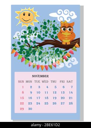 Kalender 2021. Niedlicher Kalender mit lustigen Cartoon-Eulen Stock Vektor