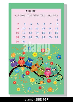 Kalender 2021. Niedlicher Kalender mit lustigen Cartoon-Eulen Stock Vektor