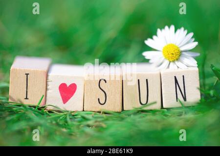 Holzwürfel mit den Worten I Love Sun in hellgrünem Gras und einem weißen Gänseblümchen, Sommer-Konzept schöne Natur Hintergrund Stockfoto