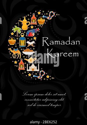 Ramadan kareem Grußkarte mit arabischen Design-Elemente Kamel, koran, Laternen, Rosenkranz, Essen, Moschee. Illustration. Stockfoto