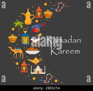 Ramadan kareem Grußkarte mit arabischen Design-Elemente Kamel, koran, Laternen, Rosenkranz, Essen, Moschee. Illustration. Stockfoto