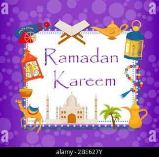 Ramadan kareem Grußkarte mit arabischen Design-Elemente Kamel, koran, Laternen, Rosenkranz, Essen, Moschee. Illustration. Stockfoto