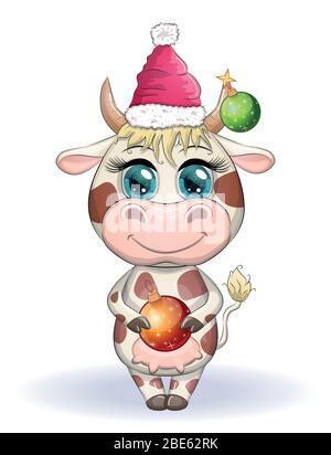 Niedliche Cartoon Kuh, Stier mit einem Weihnachtsgeschenk und in einem roten weihnachtsmann Hut, Symbol 2021 auf dem östlichen Kalender Stock Vektor