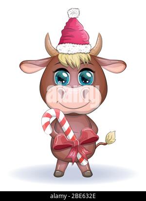 Niedliche Cartoon Kuh, Stier mit Weihnachtsbonbon und in einem roten Weihnachtsmann Hut, Symbol 2021 auf dem östlichen Kalender Stock Vektor