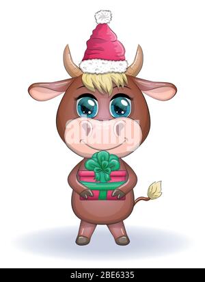 Niedliche Cartoon Kuh, Stier mit einem Weihnachtsgeschenk und in einem roten weihnachtsmann Hut, Symbol 2021 auf dem östlichen Kalender Stock Vektor