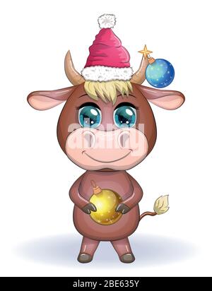 Niedliche Cartoon Kuh, Stier mit einem Weihnachtsgeschenk und in einem roten weihnachtsmann Hut, Symbol 2021 auf dem östlichen Kalender Stock Vektor