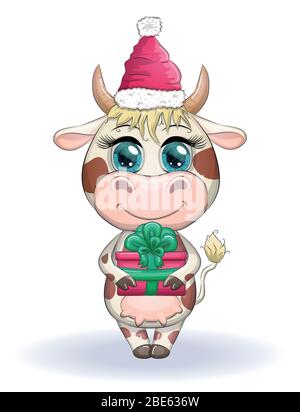 Niedliche Cartoon Kuh, Stier mit einem Weihnachtsgeschenk und in einem roten weihnachtsmann Hut, Symbol 2021 auf dem östlichen Kalender Stock Vektor