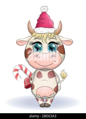 Niedliche Cartoon Kuh, Stier mit Weihnachtsbonbon und in einem roten Weihnachtsmann Hut, Symbol 2021 auf dem östlichen Kalender Stock Vektor