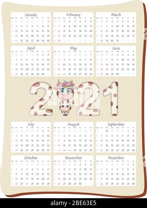 2021 Jahreskalender 12 Monate, Kalendervorlage in vertikaler Ausrichtung mit schöner Aufschrift 2021 mit dem Symbol der Jahreskuh, Stier. Stock Vektor