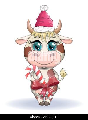 Niedliche Cartoon Kuh, Stier mit Weihnachtsbonbon und in einem roten Weihnachtsmann Hut, Symbol 2021 auf dem östlichen Kalender Stock Vektor