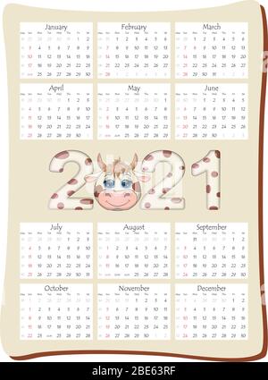 2021 Jahreskalender 12 Monate, Kalendervorlage in vertikaler Ausrichtung mit schöner Aufschrift 2021 mit dem Symbol der Jahreskuh, Stier. Stock Vektor