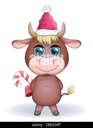 Niedliche Cartoon Kuh, Stier mit Weihnachtsbonbon und in einem roten Weihnachtsmann Hut, Symbol 2021 auf dem östlichen Kalender Stock Vektor