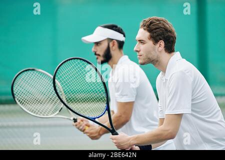 Seitenansicht von ernsthaften konzentrierten Tennisspielern mit Schlägern, die zum Spielen bereit sind Stockfoto
