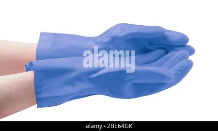 Blaue Gummihandschuhe an den Händen isoliert auf weiß. Stockfoto