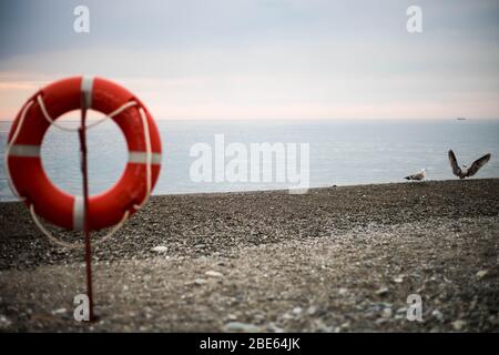 Lifebuoy on the background of the Black sea. Stockfoto