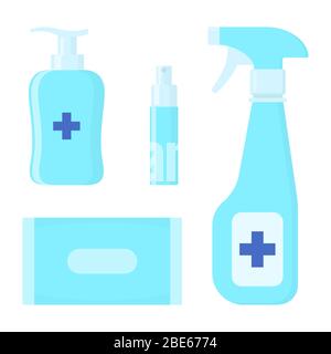 Set mit verschiedenen Desinfektionsmitteln. Flaschen, Waschgel, Spray, Feuchttücher, Flüssigseife. Desinfektion. Hygiene. Vektorgrafik im flachen Stil Stock Vektor