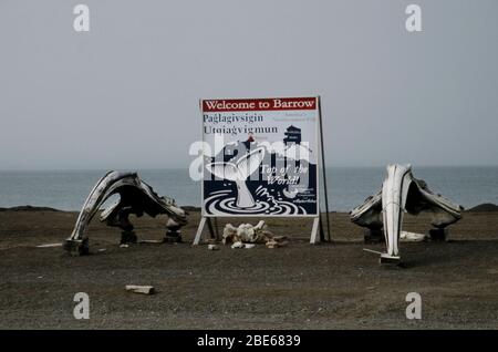 Gewölbte Walknochen heißen Touristen nach Barrow, Alaska an der nördlichsten Stadt der Vereinigten Staaten willkommen Stockfoto