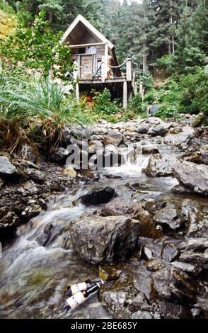 Bach mit kleinen Stromschnellen über Felsen, wo Bier im Wasser kühlt mit einer Holzhütte im Wald, Sadie Cove, Kachemak Bay State Park, Homer, A Stockfoto