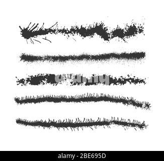 Vektorbürsten für Sprühfarbe eingestellt. Elemente isoliert auf weißem Hintergrund, Linien und Tropfen Schwarze Tintenspritzer, Ink Blots Kollektion, Street Style Stock Vektor