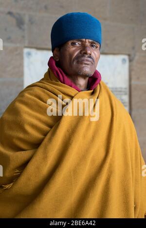 ABA Habteghiorgis Leiter Mönch des Klosters, ein äthiopisch-orthodoxer Tewahedo Kirche Mönch, Debre Libanose Kloster, Äthiopien, Afrika. Stockfoto