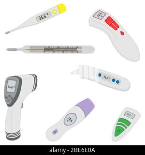 Abbildung zum Thema verschiedene Thermometertypen zur Vorbeugung von Coronavirus. Thermometer, bestehend aus med-Zubehör mit Präventionskonavi Stock Vektor