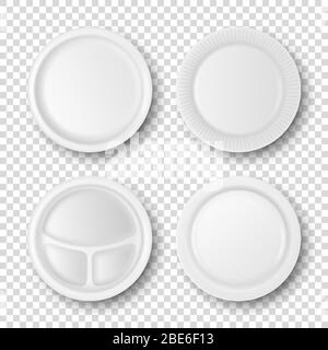 Vector 3d realistische weiße Porzellan, Kunststoff oder Papier Einweg-Lebensmittel Teller Teller-Symbol Set Nahaufnahme isoliert. Draufsicht. Designvorlage, Mock Up for Stock Vektor