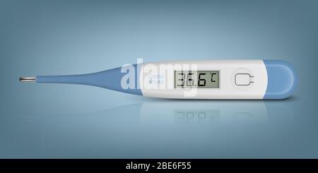 Vector realistisches 3d Celsius Elektronisches Medizinisches Thermometer zum Messen von Icon Closeup auf blauem Hintergrund. 36.6. Designvorlage für digitales Thermometer Stock Vektor