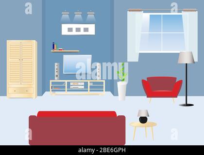 Leeres Wohnzimmer mit Sofa und TV und HI-FI-Set. Holzschrank ist in der linken Seite und Sessel ist unter dem Fenster. Konzept Vektor bereit für Sie Stock Vektor