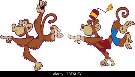 Vektor Cartoon Clip Art Illustration Set von zwei wütenden Affen Maskottchen, eine wild, eine domestiziert in Kostüm, eine hängen und zeigen, ein Springen und Stock Vektor
