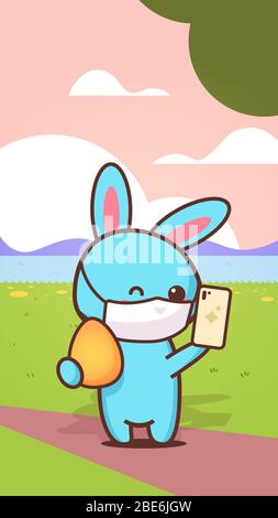 Blaues Kaninchen hält Ei mit Smartphone trägt Gesichtsmaske Coronavirus glücklich ostern Bunny Aufkleber Frühling Urlaub Konzept Landschaft Hintergrund vertikal Grußkarte Vektor Illustration zu verhindern Stock Vektor