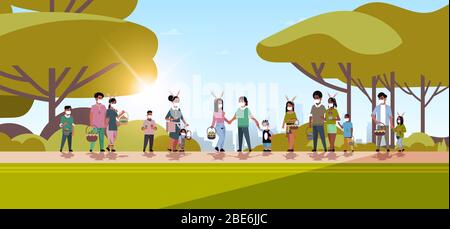 Mix Rennen Männer Frauen halten Körbe mit Eiern Menschen tragen Maske zu verhindern Coronavirus feiern glücklich ostern Urlaub Stadtbild Hintergrund horizontal volle Länge Vektor Illustration Stock Vektor