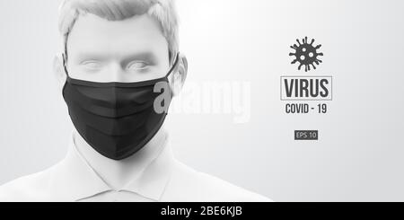 Coronavirus COVID-2019. Mann in weißer Farbe in schwarzer medizinischer Maske. Virus 2019-nCoV-Logo. Bleiben Sie zu Hause. Arbeiten Sie von zu Hause aus Stock Vektor