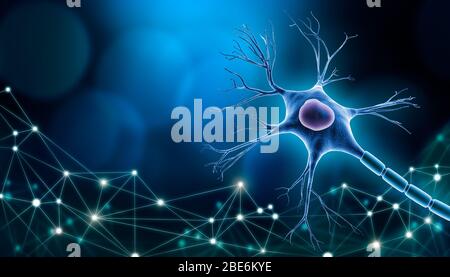 Neuronzellen-Körper mit Nukleus-Design, 3D-Rendering-Illustration mit Kopierraum und blauem Hintergrund. Mit Plexus Linien Netzwerk. Neurowissenschaft, Neurolog Stockfoto