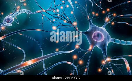 Neuronales Netzwerk mit elektrischer Aktivität von Neuronzellen 3D-Rendering-Illustration. Neurowissenschaften, Neurologie, Nervensystem und Impuls, Gehirn activi Stockfoto