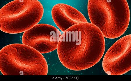 Gruppe von roten Blutkörperchen Nahaufnahme auf blauem Hintergrund 3D-Rendering-Illustration. Biomedizinische, mikrobiologische, biologische, medizinische, anatomische, wissenschaftliche Konzepte. Stockfoto