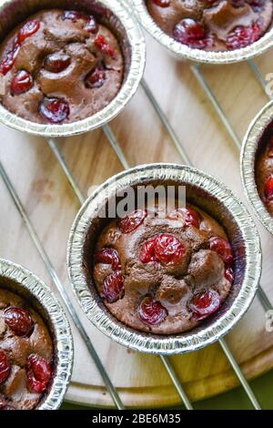 Schokoladenmuffins mit Sauerkirschen Stockfoto