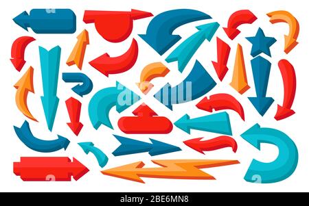 Pfeil für Volumen in leuchtenden Farben eingestellt. 3d-Infografik. Mehrfarbige Comic-Cursor, Zeichen Boom-Symbole. Voluminöse verschiedene Pfeile Symbol oben, links, rechts, unten. Vektorgrafik Stock Vektor