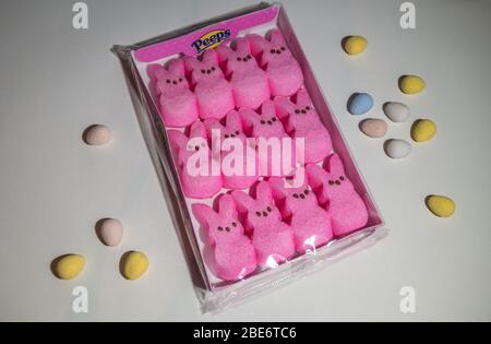 Ein unbenutztes Paket von pinken Peeps Easter Marshmallow Hasen auf weißem Hintergrund mit einer Auswahl an bunten Süßigkeiten Eier umgeben Stockfoto