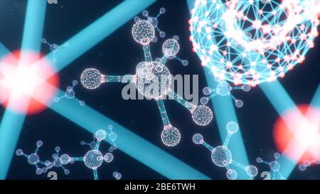 Digitale Moleküle, Atome bacground. Rasterstruktur, Verbindungslinien und Punkte. Molekülchemie von Verbindungslinien und Punkten, 3D-Abbildung Stockfoto