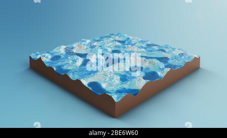 Querschnitt topografische 3D-Karte mit Wasser. Konturlinien auf einer topografischen Karte. Studium der Geographie der Gegend: Hügel, Berge und Ebenen Stockfoto